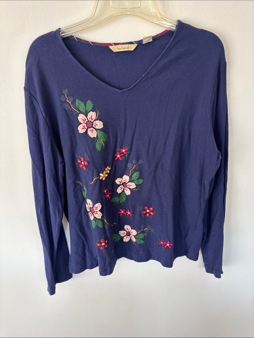 Bechamel navy floral V-neck long sleeve tee with embroidered blossoms